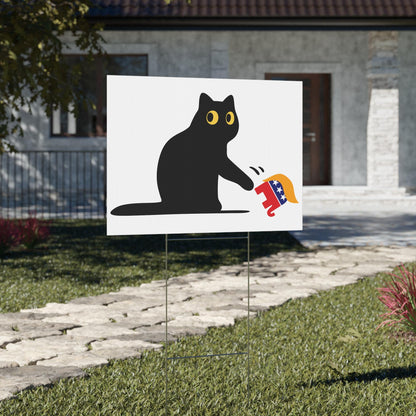 Kamala Harris 2024 Yard Sign with Black Cat Knocking Over MAGA GOP Elephant - Political Campaign Sign