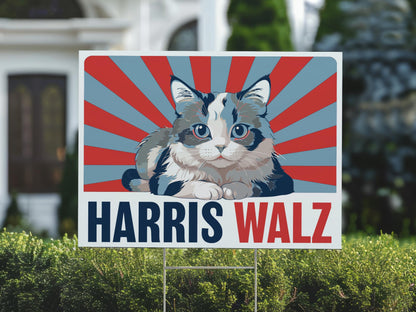 Harris Walz 2024 Cat Yard Sign - Coroplast Harris For President 2024 Lawn Sign, President Election Cat Signs with Metal H-Stake