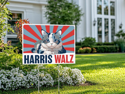 Harris Walz 2024 Cat Yard Sign - Coroplast Harris For President 2024 Lawn Sign, President Election Cat Signs with Metal H-Stake