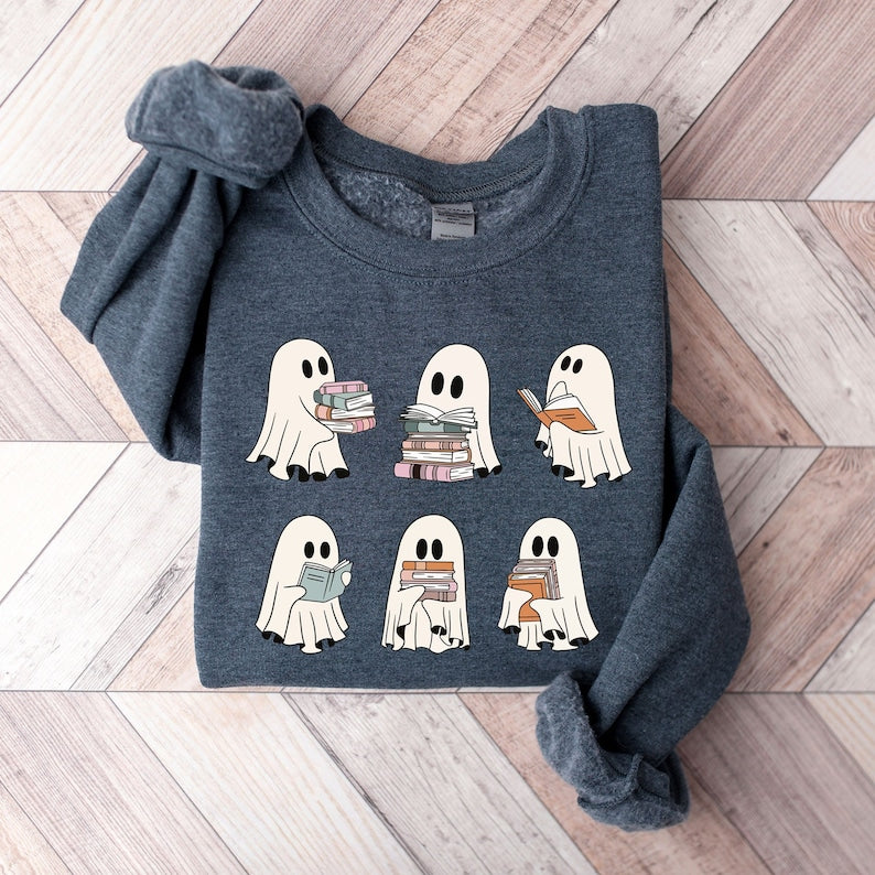 Ghost Reading Books Sweater, Bookish Halloween Sweatshirt, Halloween Teacher Gift, Librarian Halloween Hoodie, Ghost Crewneck