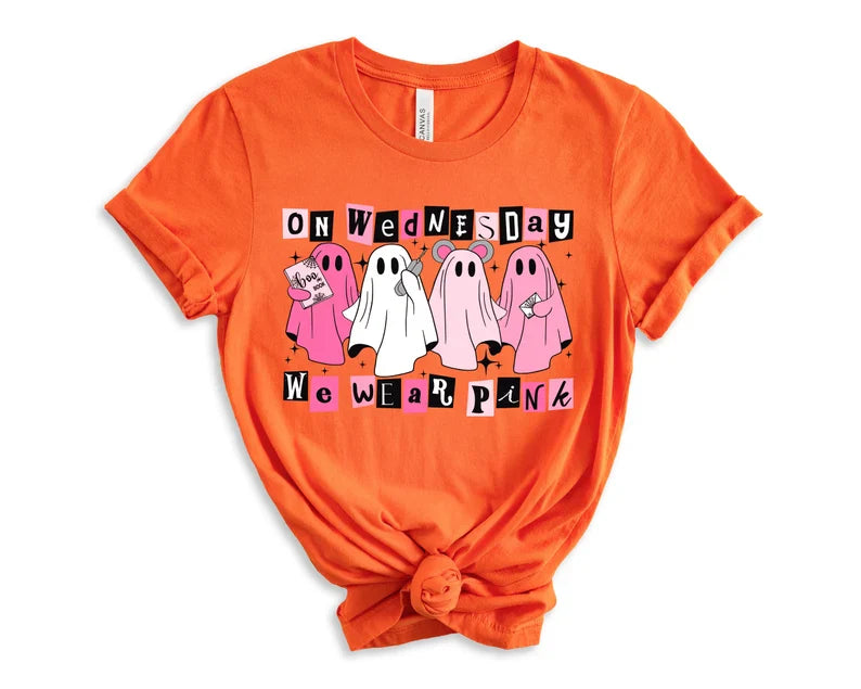 On Wednesday We Wear Pink Halloween Sweatshirt, Cute Pink Ghost T-Shirt, Mean Girls Halloween Tee, Boo Book Halloween Sweater